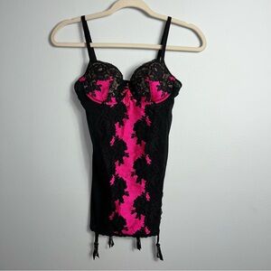 Victoria's Secret Black Pink Lace Chemise lingerie sheer 34B crystals glam girly